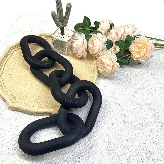 Wood Chain Link Decor | Hand Boho Carved Decor for Table , Shelf Decor Accents Rustic Farmhouse Aesthetic 5 Link Chain knot Decor, Home Living Room, Bedroom, Entryway Coffee Table Decor (Black)