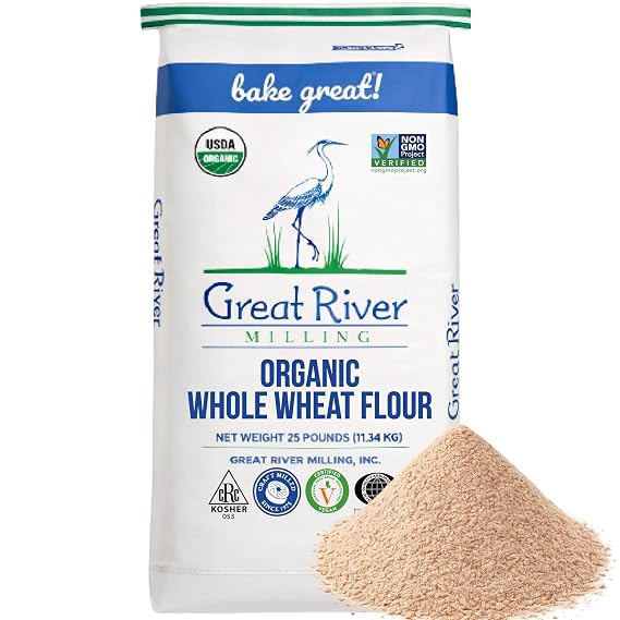 Great River Milling Organic Whole Wheat Flour | Unbleached & Unbromated | High Protein & Fiber | Non-GMO, Kosher | Perfect for Sourdough, Bread, Rolls, Bulk Baking, Cooking, More | 25 Lb