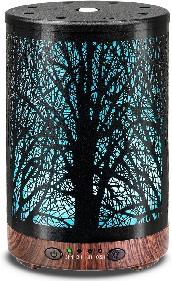 Essential Oil Diffuser 120ML Metal Aromatherapy Diffuser with Timer, Cool Mist Humidifier with Auto Shut-Off & 7 Color Lights for Home Office Spa (Tree)