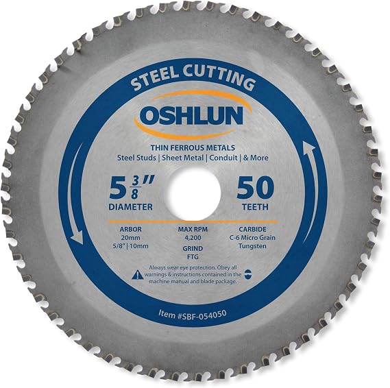 Oshlun SBF-054050 5-3/8-Inch 50 Tooth FTG Saw Blade with 20mm Arbor (5/8-Inch and 10mm Bushings) for Thin Mild Steel and Ferrous Metals