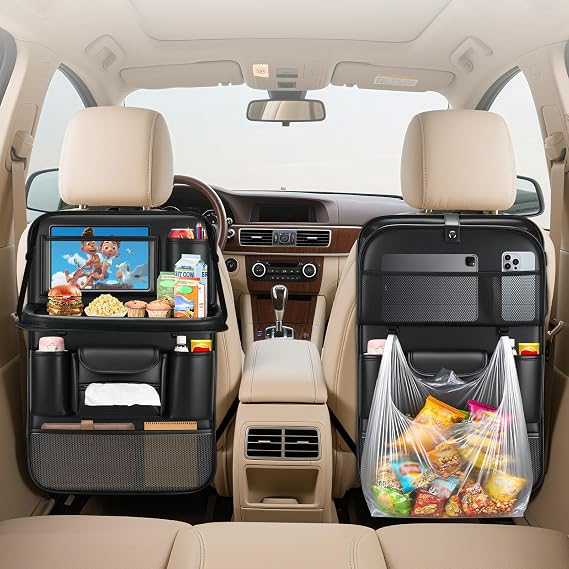 Car Backseat Organizer with Tablet Holder, Hanging Storage Bag, Premium PU Leather Material, Protector Kick Mats for Kids, Compatible with Most Vehicles, Inner Car Accessories(2pcs)