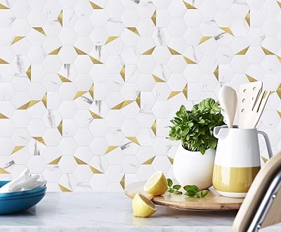 Peel and Stick Backsplash Aluminum Mosaic Metal Tile for Kitchen,Bathroom Metal Sticker Self Adhesive 3D Wall Aluminum Backsplash 5 Sheets 13x11 White&Gold Mix