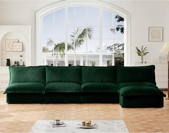 Slipcovered Modular Armless 4 Seater Sectional Sofa with Removable Ottoman, Extra Deep Sectional Couch for Living Room, Cloud Like Comfy Sofa Couch, Green Corduroy Fabric TM703