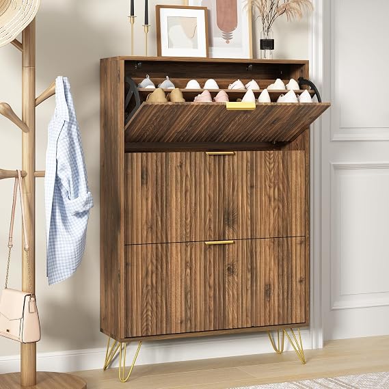 48" H Fluted Shoe Storage Cabinet with 3 Flip Drawers for Entryway, Walnut Hidden Shoe Cabinet Storage, Narrow Free Standing Shoe Organizer, Shoe Rack Cabinet for Foyer Hallway