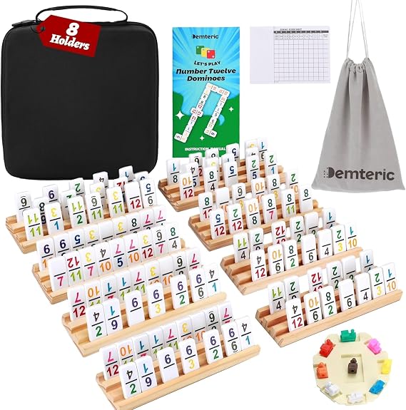 Mexican Train Dominoes Double 12, 91 Numbered Tiles, 8 Racks & Hub
