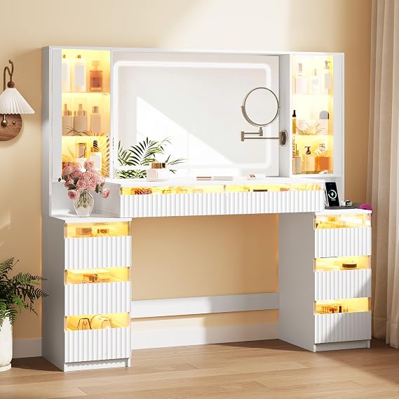 59" Makeup Vanity Desk with 360 3X Mirror & Glass Drawers, White