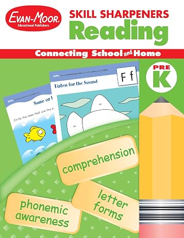 Evan-Moor Skill Sharpeners Reading Workbook, PreK, Vocabulary, Comprehension, Phonics, Word Family, Fluency, Sequencing, Beginning Sounds, Same or Different, Dot to Dot, Cut and Paste, Homeschool