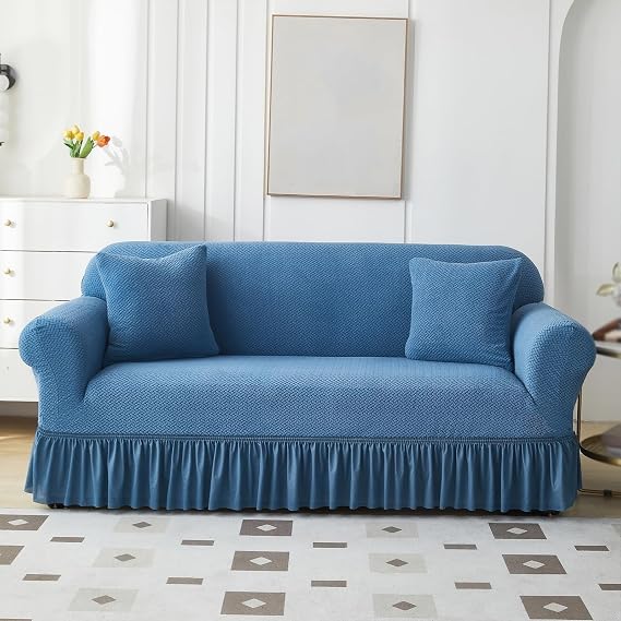 Ruffled Sofa Cover Jacquard Sofa Slipcover Stretch Couch Covers Farmhouse Loveseat Sectional Sofa Covers Easy Fit Washable Furniture Cover With Skirt 2024(Blue,4 seaters (235-300cm))