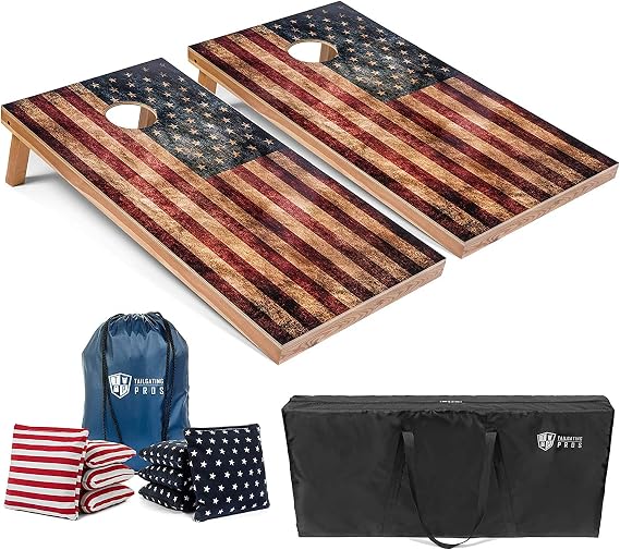 Tailgating Pros Cornhole Boards - 4'x2' Cornhole Game w/Carrying Case & Set of 8 Corn Hole Bean Bags w/Tote (4'x2' Distressed Flag Boards w/LED Ring)