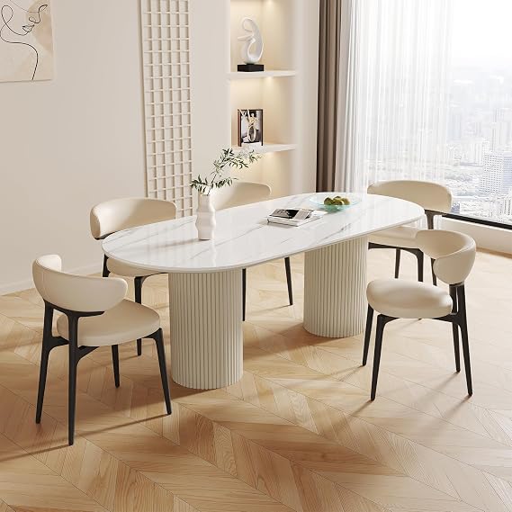 71" Modern Dining Table for 6, White Sintered Stone Oval Dining Room Table with Wood Dual-Pedestal, Easy Assembly (Kitchen Table Only)