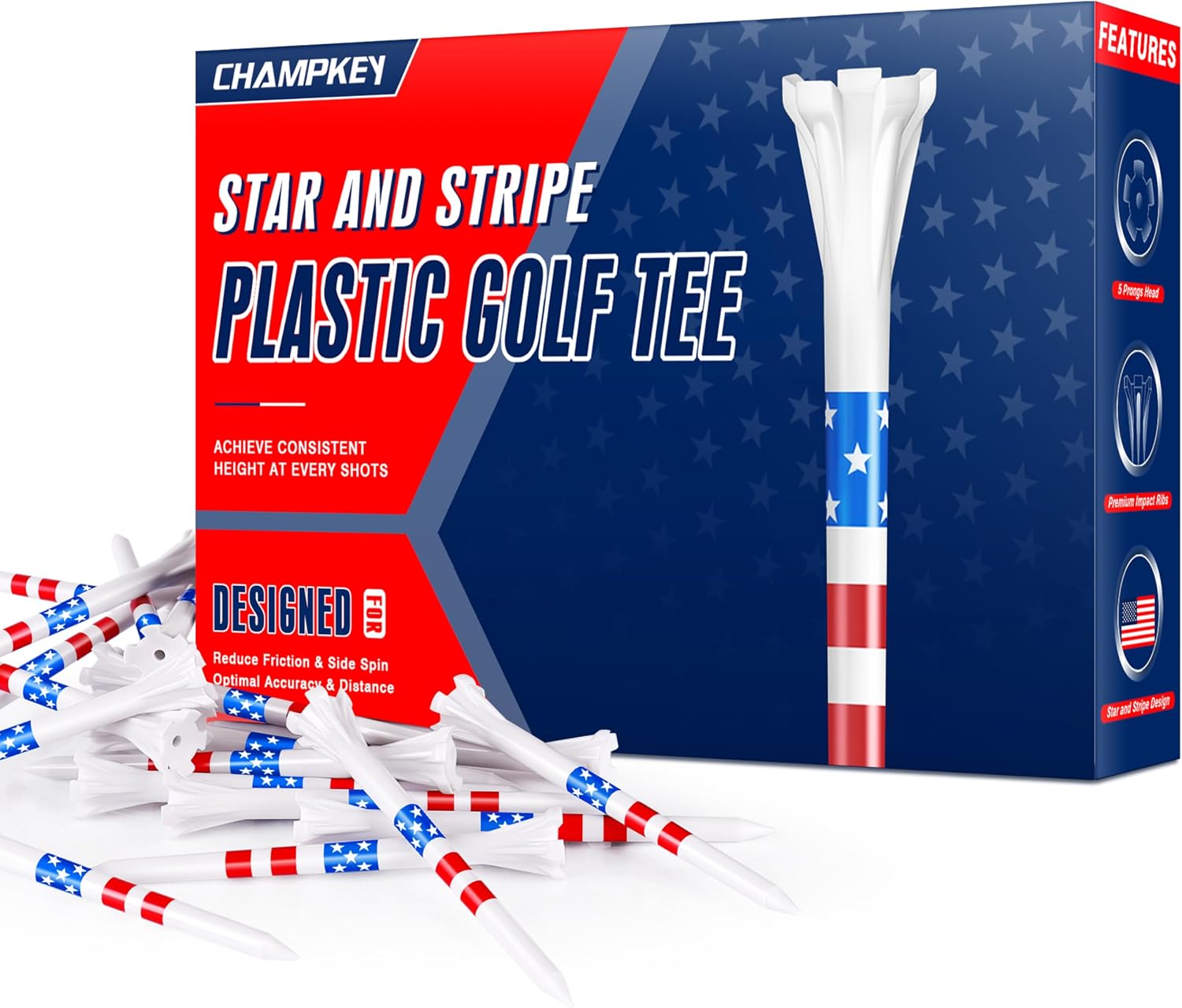 CHAMPKEY 5 Prongs Plastic Golf Tees 100 Pack - Star and Stripe Marking System Golf Plastic Tees - Lower Friction and Longer Distance Golf Tees