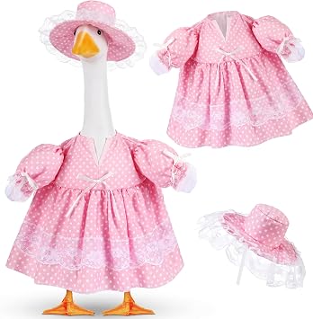 Aliceset Spring Summer Porch Goose Outfit Fancy Goose Clothes Polka Dots Skirt with Daisy Hat for 23" Outdoor Patio Decor(Pink)