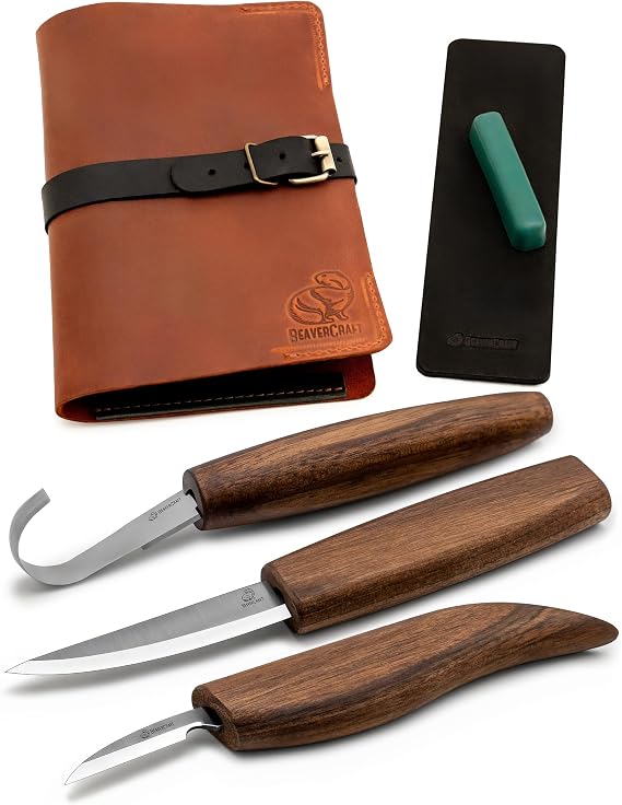 BeaverCraft Spoon Wood Carving Kit - Spoon Carving Tools Set with Hook Knife, Sloyd, Chip, Small Detail Whittling Knives S13X - Deluxe Whittling Knife Set with & Leather Strop and Leather Case