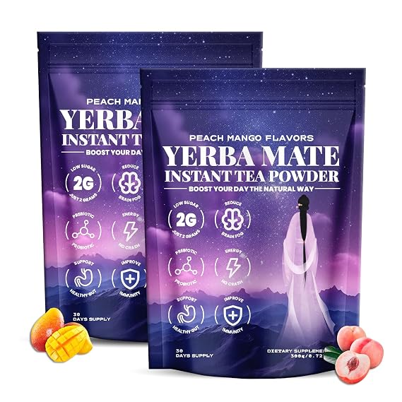 Yerba Mate Instant Tea Powder - Yerba Mate Peach Mango Flavor, 4-in-1 Functional Blend, Focus and Gut Health, Superfood Energy & Focus Blend - 10.58oz (2)