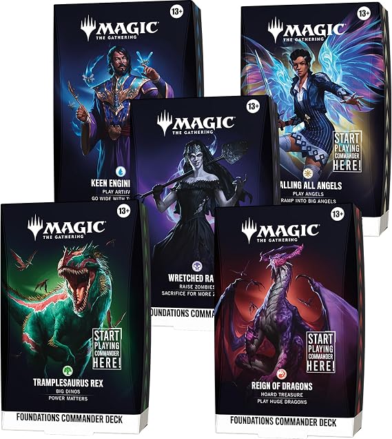 Magic: The Gathering Foundations Commander Deck Bundle - All 5 Decks (Calling All Angels, Keen Engineering, Wretched Ranks, Reign of Dragons, Tramplesaurus Rex)