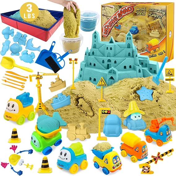 ESSENSON Play Construction Sand Kit, 2 Colors, 6 Mini Construction Trucks | 3lbs Sand, Construction Toys and Signs, Animal Mold, Modeling Tools, Foldable Sandbox