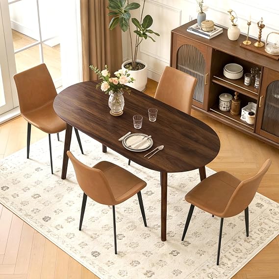 63" Oval Dining Table Set for 4 with Solid Wood Legs | 5 Piece Walnut Dining Table Set for Kitchen and Dining Room Furniture, 4 PU Brown Dining Chairs, Mid Century Modern