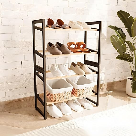 MOBEE 4 Katlı Ahşap Ayakkabılık 8 Ayakkabı Kapasiteli Çok Amaçlı Raf Portatif Vidasız Kolay Montaj Ev ve Ofis Organizer Ürünü 20x65x51cm