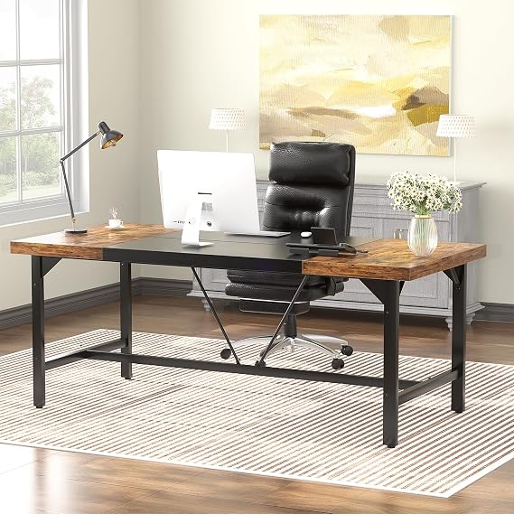 Unikito Large Computer Desk, 63 x 31.5 Inch Long Office Desks, Premium Sturdy 2 Person Desk, 1.4 Thick Study Writing Table, Modern Laptop Computer Table for Home Office Workstation, Rustic Brown