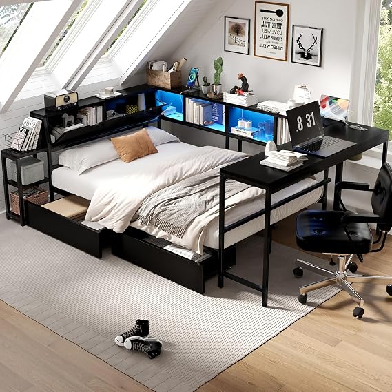 HRVEOCEI Corner Bed Frame Queen with Storage Bookshelf &Desk (Black, Queen)