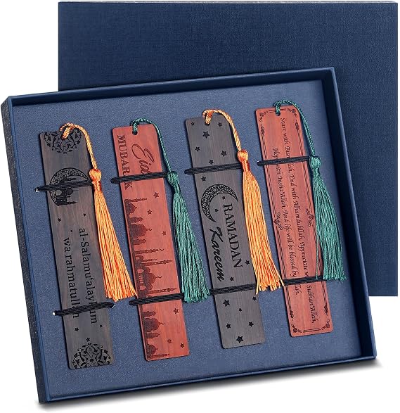 Skyygemm 4 Pcs Eid Mubarak Wooden Bookmark Gift Quran Tabs for Men Ramadan Kareem for Islamic Men Women Bookmarks Quran Gift Set for Friends Family