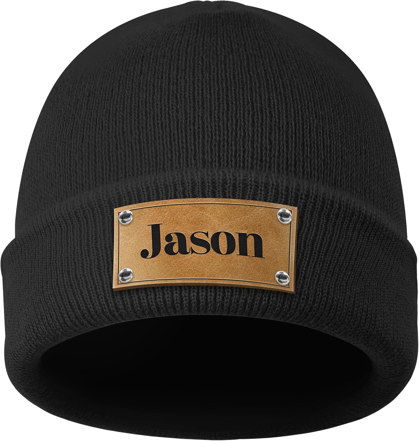 Custom Winter Knit Beanies | Personalized Leather Patch Hats | Matching Hats for Family | Warm Knit Caps for Kids, Adults