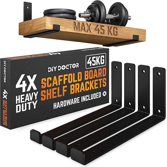 DIY Doctor Heavy Duty Scaffold Board Shelf Brackets, Set of 4, 23.5cm, Black Industrial & Rustic Metal Shelf Supports, Wall-Mounted Storage & Home Décor