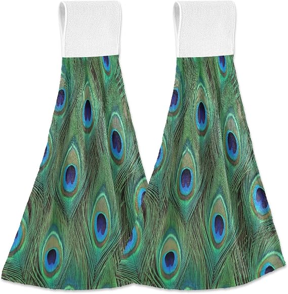 Blueangle Peacock Feather Kitchen Towels, 12 X 17 in Soft Hand Towels or Dishcloths with Hanging Loop, Absorbent Hand Towel for Bathroom Kitchen Decor, Set of 2