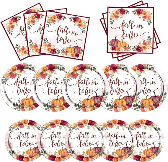 60Pcs Fall In Love Bridal Shower Decorations Fall In Love Plates and Napkins Set Fall Wedding Decorations Fall Bridal Shower Decorations Fall Tableware with Pumpkin Fall Party Decor