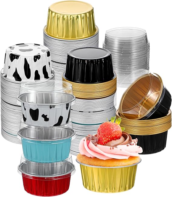 120 Pcs Aluminum Foil Baking Cups Mini Cake Pans with Lids 5 oz Cupcake Liners Disposable Muffin Tins Wrappers Baking Foil Ramekins Pans Aluminum Cupcake Cups for Birthday Party