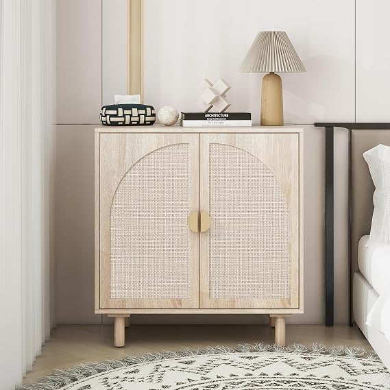 Sideboard Buffet Cabinet with Storage - Rattan 2 Door Cabinet, Accent Storage Cabinet with Cane Door, Boho Wood Credenza for Living Room, Kitchen (Beige)