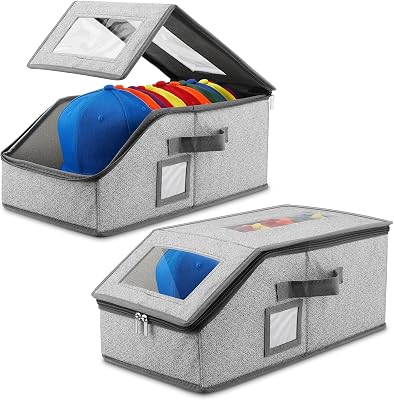 Xixter Stackable Hat Organizer for Baseball Caps- 2 PCS Featuring a Transparent Viewing Window, Hat Organizer for Closet, Holds up to 30 Caps, with Cardboard Inserts,Light Grey