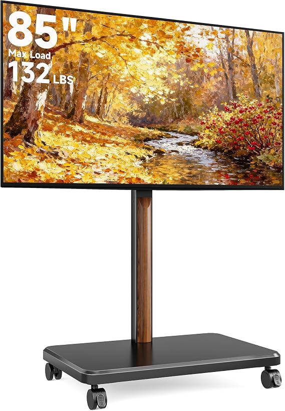 TV Rolling Cart for 32-85 Inch LCD LED OLED Screen up to 132 Lbs | with PU Wheels, for Bedroom Living Room, Heavy-duty Wood & Steel Design, Height Adjustable, Vesa from 100x100mm to 600x400mm