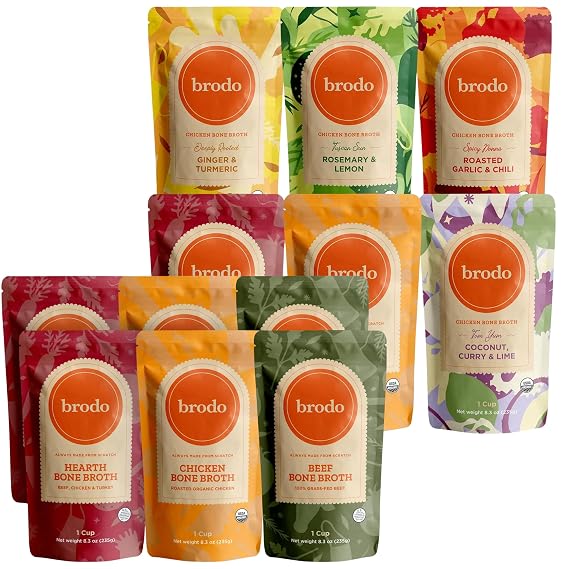 Brodo Collagen Rich Bone Broth Favorites Variety Pack + Signature Organic Chicken Bone Broth, Collagen & Protein-Rich, Slow-Simmered for Deep Flavor & Wellness (12 x 8oz Pouches)