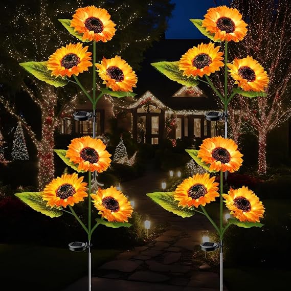 Solar Sunflower Garden Lights, 2 Sets of LED Outdoor Decorative Lights, Used for Garden Lawn Landscape Flowers, Bright Outdoors (4 Pack) [Energy Class A]