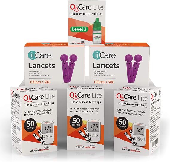 OhCare Lite Blood Sugar Testing Monitor 150 Glucose Test Strips, 200 Lancets, and 1 Control Solution for for Blood Testing Accurate and Affordable Diabetic Supplies