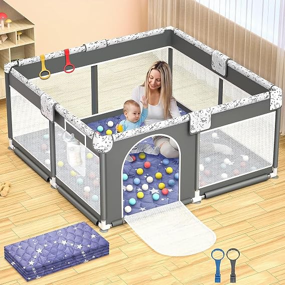 Baby Playpen with Play Mat, Large Playpen for Babies with Gate, Indoor & Outdoor Baby Fence, Anti-Fall Play Yard with Soft Breathable Mesh, Kids Activity Center (50x50)(White)