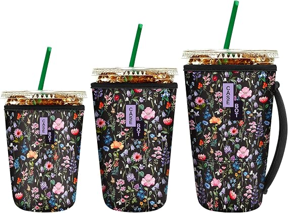 Fintie 3 Pack Reusable Iced Coffee Sleeve Insulated Drink Cup Cover | For Hot and Cold Drinks, Starbucks, Dunkin, S/M/L Wrist Strap, Polychrome Blooms