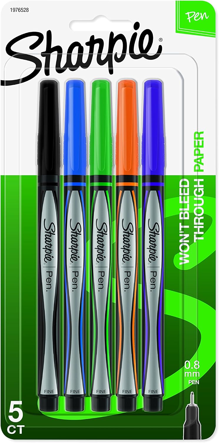 SHARPIE Pens, Fine Point 0.8mm, Assorted Colors, 5 Count