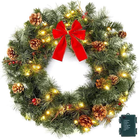 24 Inch Pre-Lit Handcrafted Christmas Wreath, IP44 Battery Operated 50 LED Christmas Wreaths, Decor with Pinecones Pine Needles Branches Red Berry Mini Bow, X-Mas Collection for Front Door Wall Window