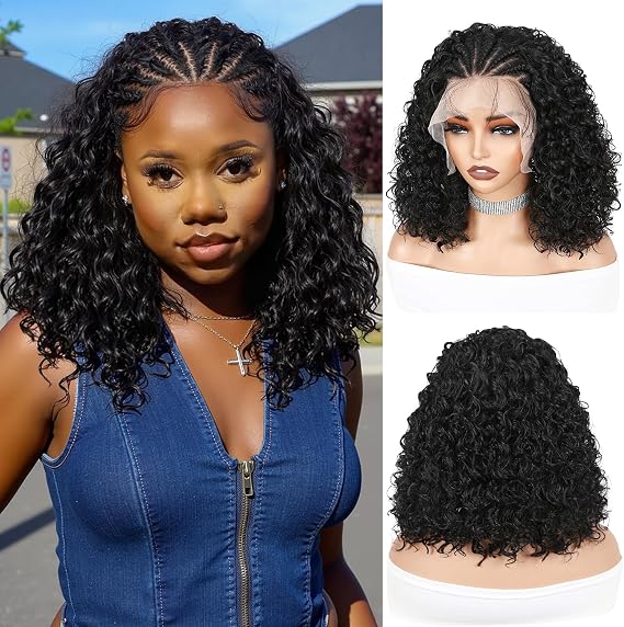 WIGNEE Lace Front Curly Braided Wigs Natual Black 13x4 Pre-Plucked Natural Hairline Afro Curly Synthetic Glueless Bob Wig Cornrow Braided Wigs for Black Women Boho Braids Lace Wig