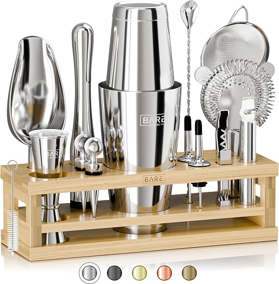 BARE BARREL® Cocktail Making Kit | 16-Piece Bartender Kit Cocktail Shaker Set Maker | Bamboo Display Stand & 35 Recipe Cards | Mixology Cocktail Gift Set (800ml/28oz Boston Shaker, Silver/Natural)