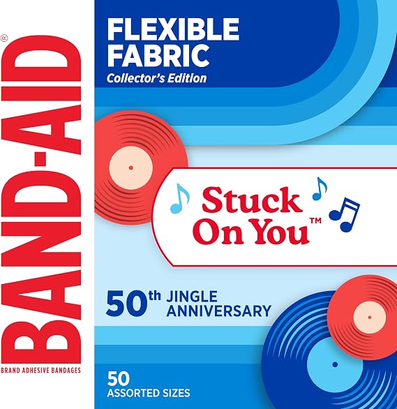 BAND-AID Brand Flexible Fabric Adhesive Bandages Tin, Assorted Sizes, 50 Ct | Comfortable Protection, Sterile Wound Care for Minor Cuts & Scrapes, For First Aid Kits, Jingle Anniversary Collectible Tin