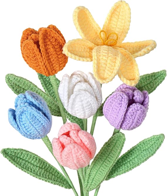 6 Pieces Crochet Flowers Artificial Tulips Bouquet Crochet Flowers 41cm Kunstblumen wie Echt Handgefertigte Blühen Kunsttulpen Bunt Häkelblumen für Mama Geburtstag Hochzeit Büro Dekor