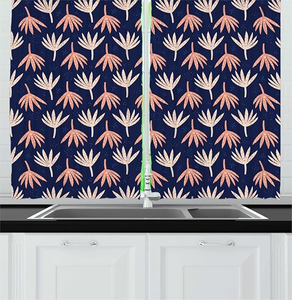 Ambesonne Navy Blue Long Kitchen Curtains, Flower Petals of Abstract Dots Pattern Blossoms Botanical Gardens Doodle, Two Panels Drapes with Rod Pocket Room Decor, 55" x 45", Coral and Peach