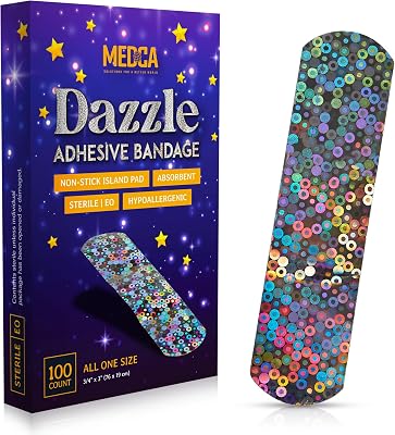 Glitter Bandages for Kids -100 Count Box Adhesive Bandage Strips wColorful Glitter Design & Latex-Free Individually Wrapped Strips for First Aid, Wound Care, Minor Cuts, Scrapes