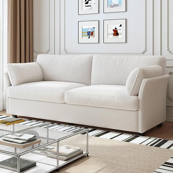 Modern Teddy Fleece Fabric 2 Seater Sofa, Upholstered Sofa Couch with Padded Armrests, Minimalist Living Room Sofa for Home Apartment (Cream White)