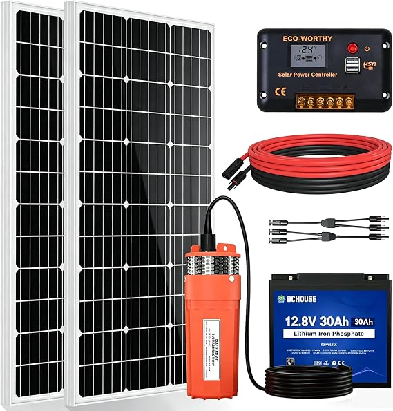 ECO-WORTHY Solar Water Well Pump Kit with 30Ah Lithium Battery, 12V Solar Water Pump + 200W Solar Panel Kit + 30Ah Lithium Battery for Well, Irrigation, Filling Water Tank
