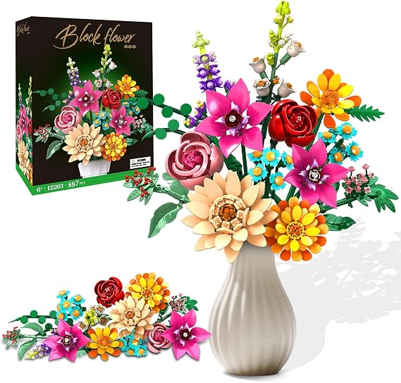 Flower Bouquet Building Set, Artificial Wild Flower with Rose, 887 Piece Botanical Creative DIY Floral Building Kit with 13 Distinct Bouquets for Home Office Décor, Gift for Birthday and Anniversary