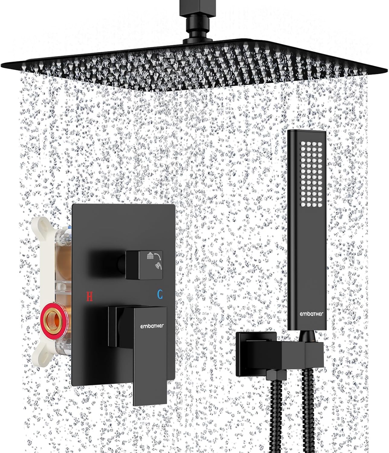 EMBATHER Rain Shower System, Matte Black Shower Faucets Sets Complete with 12 Inch Rain Shower Head and Handheld With Shower Valve